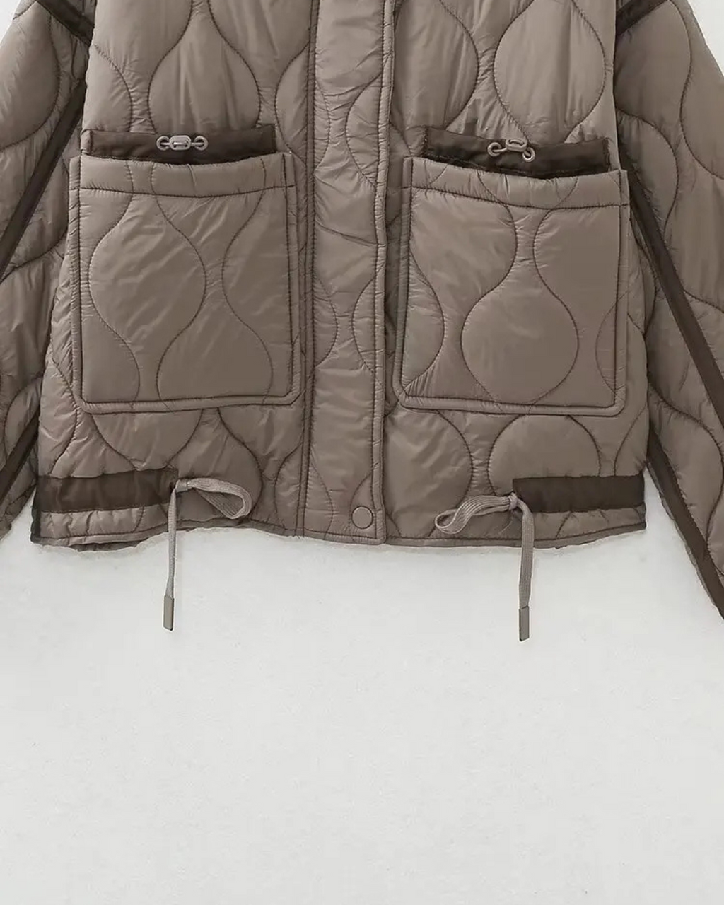 Quilted High-Neck Puffer Jacket with Drawstring in Taupe