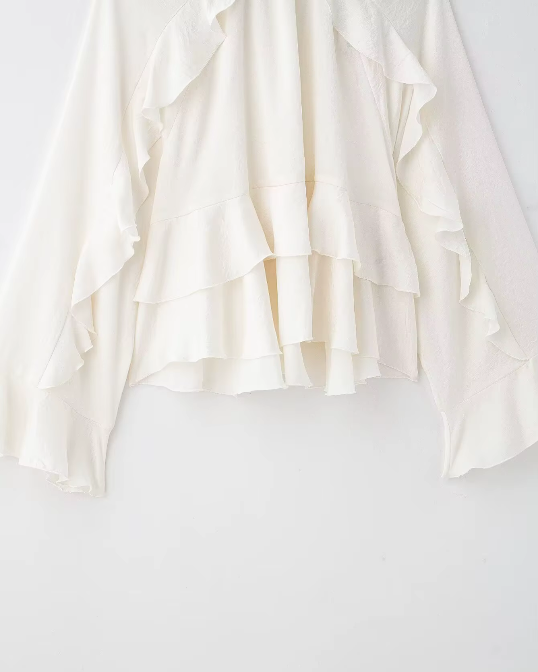 High-Neck Ruffled Chiffon Blouse in Creamy Off-White
