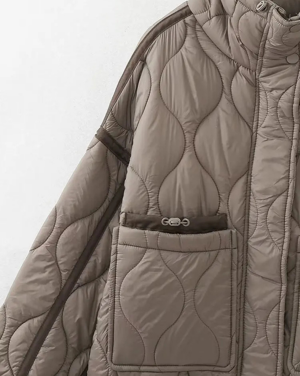 Quilted High-Neck Puffer Jacket with Drawstring in Taupe
