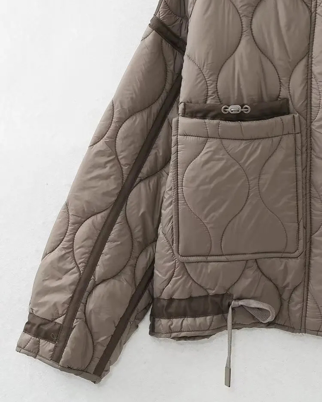 Quilted High-Neck Puffer Jacket with Drawstring in Taupe