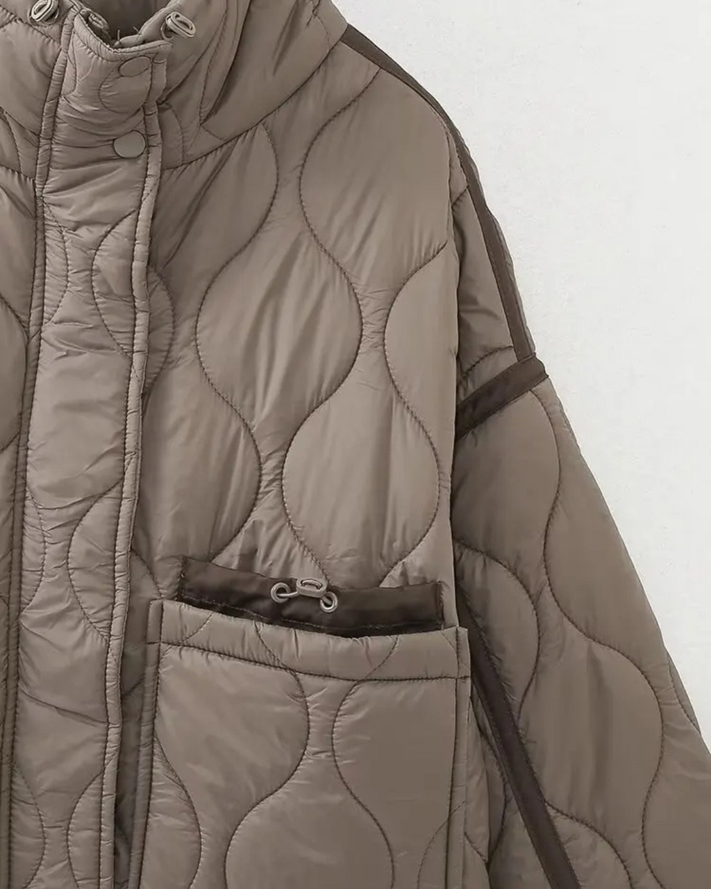 Quilted High-Neck Puffer Jacket with Drawstring in Taupe