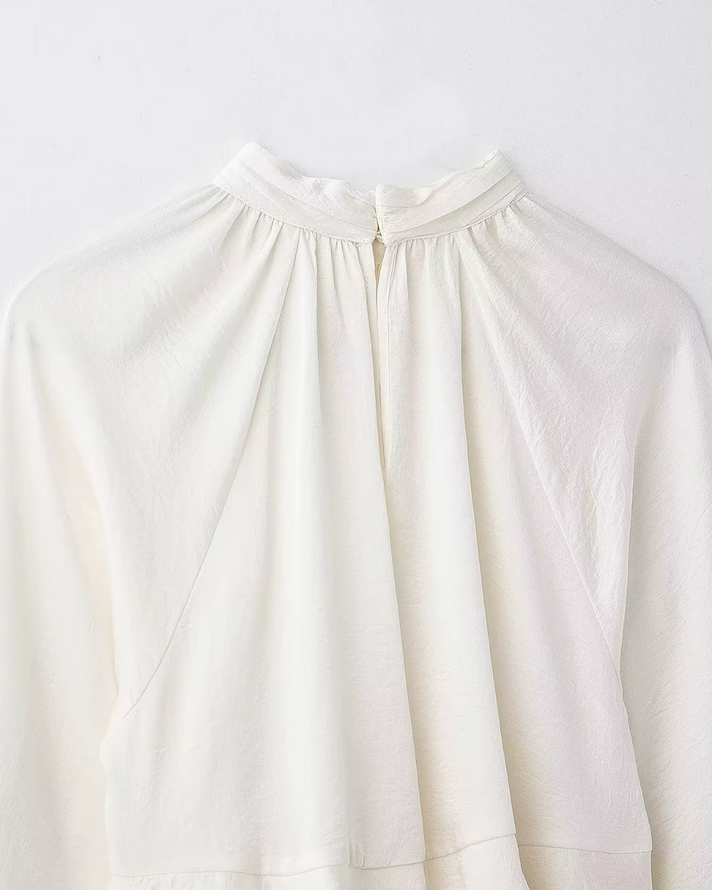 High-Neck Ruffled Chiffon Blouse in Creamy Off-White