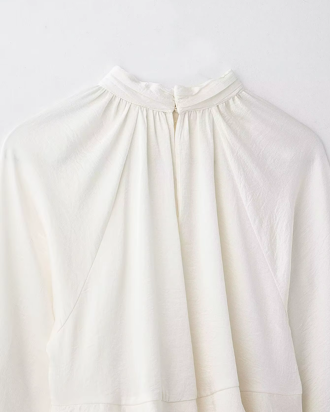 High-Neck Ruffled Chiffon Blouse in Creamy Off-White