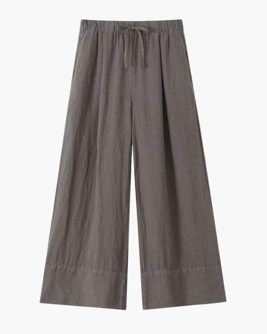 High-Waisted Drawstring Wide-Leg Linen Trousers in Beige