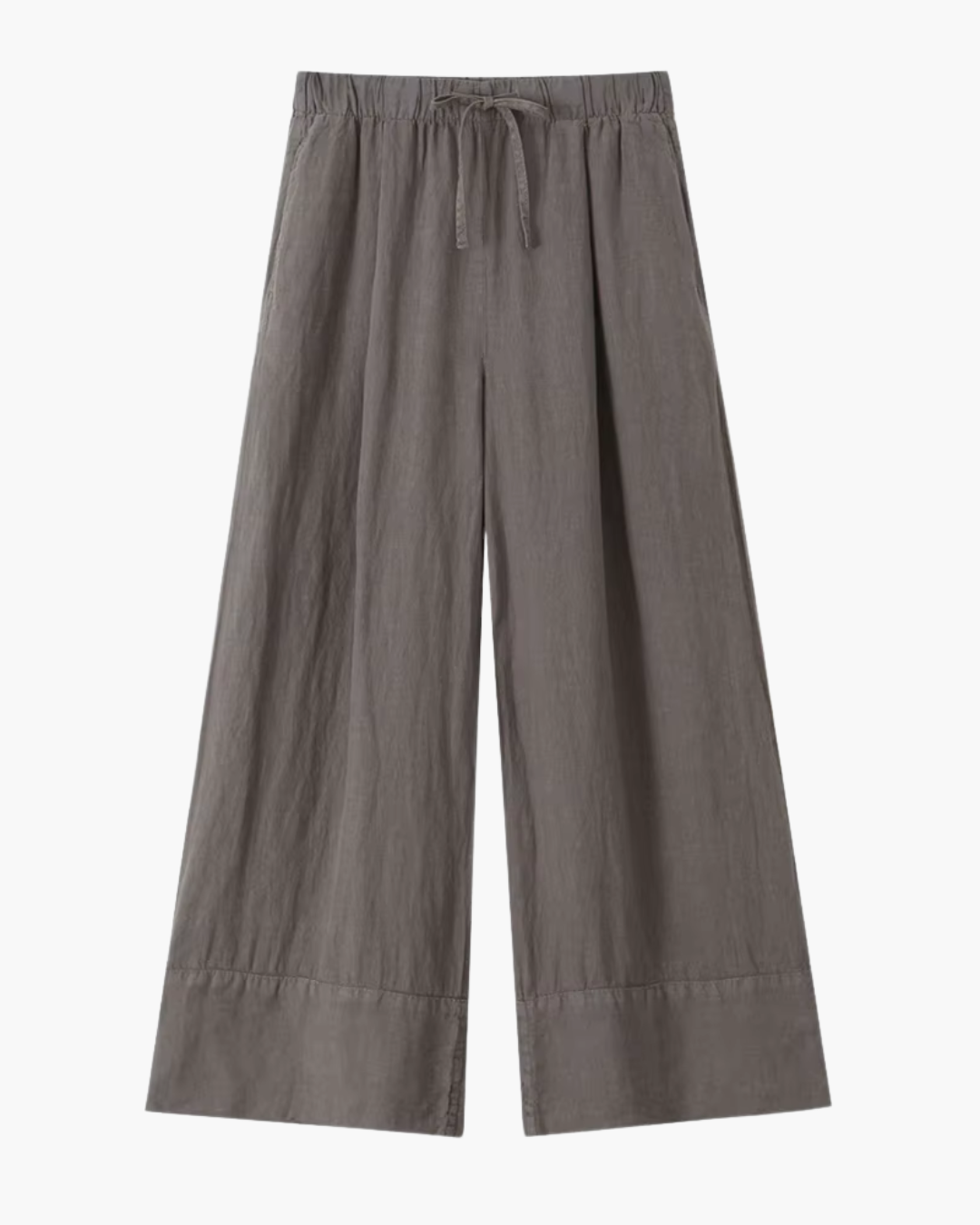 High-Waisted Drawstring Wide-Leg Linen Trousers in Beige