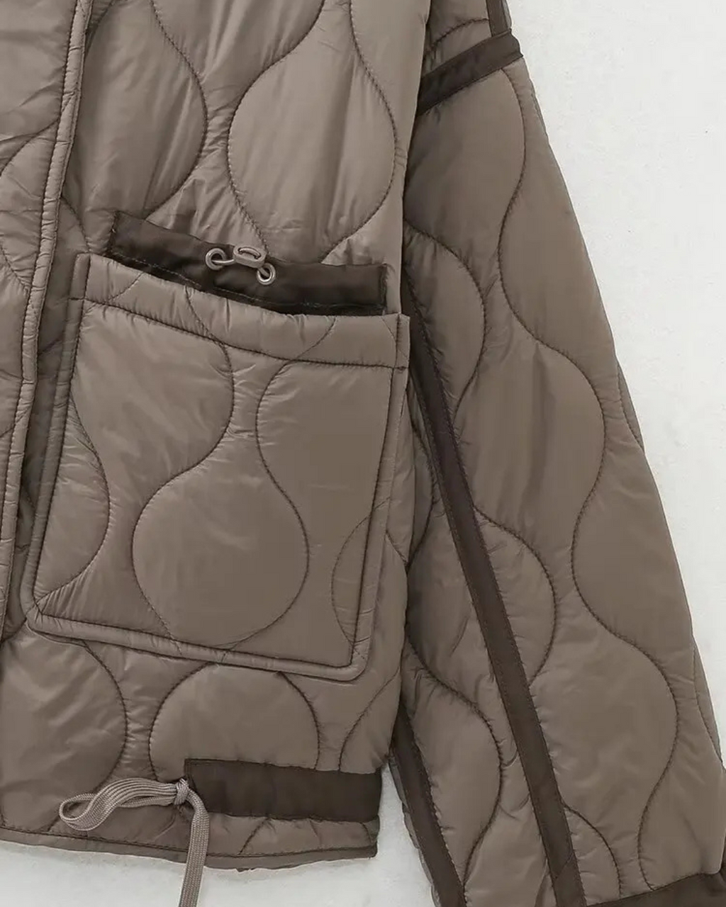 Quilted High-Neck Puffer Jacket with Drawstring in Taupe